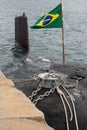 View of the Riachuelo S40 submarine, from the Brazilian Navy, anchored for public visitation in the seaport of the city of
