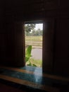 The view of the rice fields is seen from inside the room which looks at the balcony door