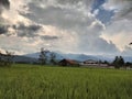 View of ricefields and mountains in the evening with beautiful sky Royalty Free Stock Photo