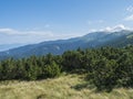 view from ridge of Low Tatras mountains, hiking trail with mountain meadow, scrub pine and grassy green hills and slopes Royalty Free Stock Photo