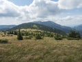 view from ridge of Low Tatras mountains, hiking trail with mountain meadow, scrub pine and grassy green hills and slopes Royalty Free Stock Photo