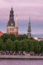 View of Riga old town, view from Daugava river at sunset