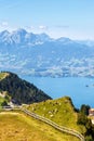 View from Rigi mountain on Swiss Alps, Lake Lucerne and Pilatus mountains portrait format in Switzerland Royalty Free Stock Photo