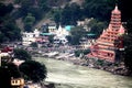 A LONG VIEW OF LAXMANJHULA, RISHIKESH, HARIDWAR, UTTARAKHAND, INDIA, ASIA, 13TH OCTOBER, 2019 Royalty Free Stock Photo