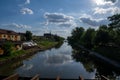 view of the river Bega and a cloudy sky, city of Timisoara, Romania Royalty Free Stock Photo