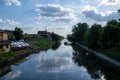view of the river Bega and a cloudy sky, city of Timisoara, Romania Royalty Free Stock Photo