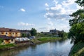 view of the river Bega and a cloudy sky, city of Timisoara, Romania Royalty Free Stock Photo