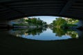 view of the river Bega and a cloudy sky, city of Timisoara, Romania Royalty Free Stock Photo