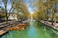 View of river and boats from Bridge of Love in Annecy, France