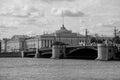 View from the river on the bridge and the city of Saint Petersburg in Russia. Monochrome photo