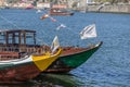 View of river Douro, with recreational tours boats on Gaia city docks, Ribeira on Porto as background Royalty Free Stock Photo