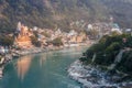 View of River Ganga and Lakshman Jhula bridge at sunset. Rishikesh. India