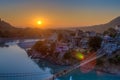 View of River Ganga and Lakshman Jhula bridge at sunset. Rishikesh. India