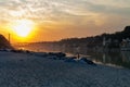 View of River Ganga and Ram Jhula bridge at sunset Royalty Free Stock Photo