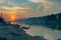 View of River Ganga and Ram Jhula bridge at sunset Royalty Free Stock Photo