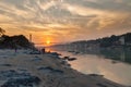 View of River Ganga and Ram Jhula bridge at sunset Royalty Free Stock Photo