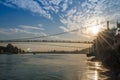 View of River Ganga and Ram Jhula bridge at sunset. Rishikesh. India Royalty Free Stock Photo