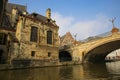 View from river leie on st. micheals bridge with medieval church in the morning Royalty Free Stock Photo