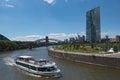 View of river Main with tourist ship and skyline in Frankfurt am