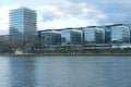 View of river Main and Westhafen tower, modern residential buildings Frankfurt, Germany, 30-story skyscraper Westhafen Tower in Royalty Free Stock Photo