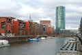 View of river Main and Westhafen tower, modern residential buildings, 30-story skyscraper Westhafen Tower in Gutleitviertel Royalty Free Stock Photo