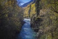 View of the river in the mountains in the middle of autumn trees. Autumn high in the mountains, autumn Royalty Free Stock Photo