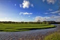 View of the River Ribble and fields, Clitheroe. Royalty Free Stock Photo