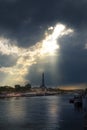 View from the river Seine of part of the Bridge of Alexander III and Eiffel Tower in Paris in the rays of the setting sun Royalty Free Stock Photo