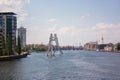 View of the river Spree and the silhouette of the molecule man