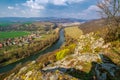 View with river at sunset in mountain. Spring landscape in Slovakia, Hron river. Royalty Free Stock Photo