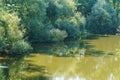 View of the river, surrounded by greenery, reflected in the water.