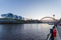 View of the river Tyne, Sage Gateshead concert hall and Tyne bridge at the Newcastle Quayside Royalty Free Stock Photo