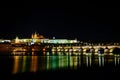 The view from the river Vltava at Charles Bridge and Prague Castle at night Royalty Free Stock Photo