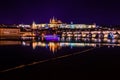 The view from the river Vltava at Charles Bridge and Prague Castle at night Royalty Free Stock Photo