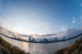 View of riverside with a blue sky, some plants and Umeda city in the background