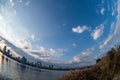 View of riverside with a blue sky, some plants and Umeda city in the background