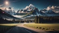 View of the road alongside vast flat fields as the forest loomed ahead, with the majestic snowy mountains painting a stunning