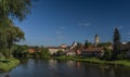 View from road bridge over Jihlava river in Dolni Kounice village in summer day Royalty Free Stock Photo