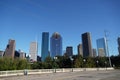 View from Road Downtown Houston in Sunset afternoon skyscrapers. Landscape Photo Royalty Free Stock Photo