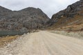 View of the road and next to the Tecllo lagoon, the mountains and the road in the morning in Shupluy