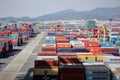 View on the road for trucks in port of Kwangyang , South Korea, full of containers in terminal Royalty Free Stock Photo