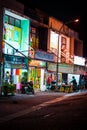 view of a roadside eateries at night