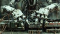 robot with multiple hands working on many computer terminal steam punk style Generated with AI Royalty Free Stock Photo