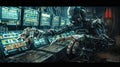 robot with multiple hands working on many computer terminal steam punk style Generated with AI Royalty Free Stock Photo