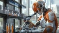Robot Scientist Analyzing Samples with Microscope in Laboratory generated with AI Royalty Free Stock Photo