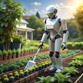 A robot tending to gardens, efficiently maintaining plants and landscaping as