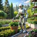 A robot tending to gardens, efficiently maintaining plants and landscaping as