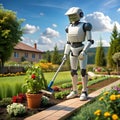 A robot tending to gardens, efficiently maintaining plants and landscaping as