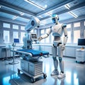 A robot operating in a hospital, aiding in patient care and maintenance tasks