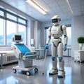 A robot operating in a hospital, aiding in patient care and maintenance tasks as